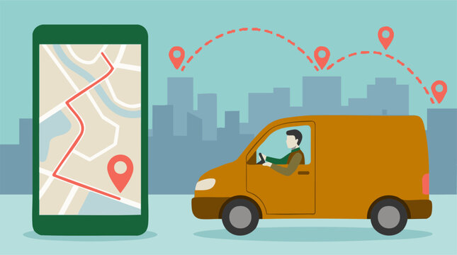 Urban delivery service with GPS navigation on a mobile phone and van