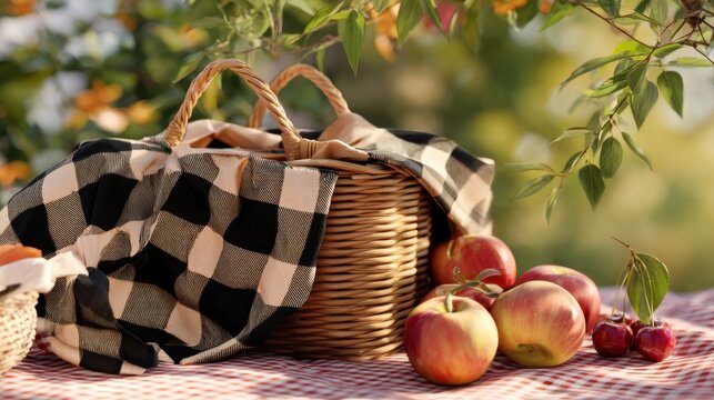 Wicker Picnic Basket with Apples and Cherries