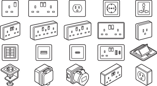 A variety of electrical sockets displayed in a vector illustration, each showcasing different designs and configurations. Perfect for illustrating diverse power outlet types.