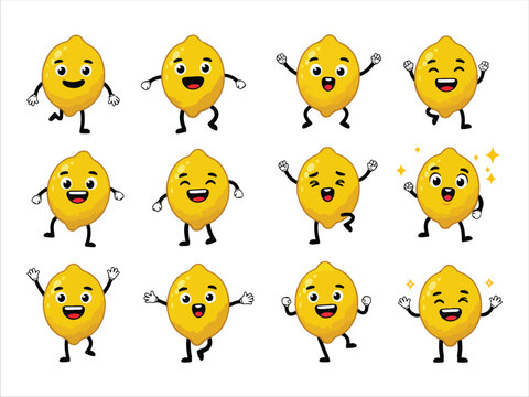 Collection of dancing lemon cartoon characters with different expressions  various poses