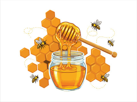 Honey dripping from dipper into glass jar with bees flying around honeycomb pattern