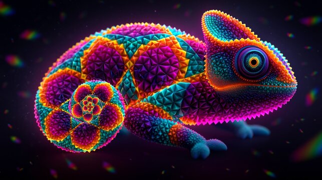 Ein buntes digitales Cham&auml;leon ist mit leuchtenden Neonfarben und floralen Mustern gestaltet