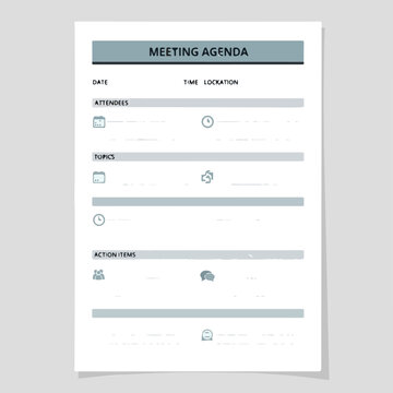 Clean Meeting Agenda Document Template with Fields for Date, Time, Location, Attendees, Topics, and Action Items
