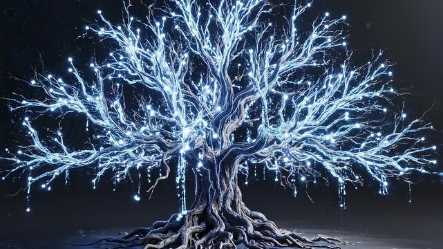 Digital network tree with glowing branch blue light, abstract technology data connection and energy lightning, burning blue flame cyber background