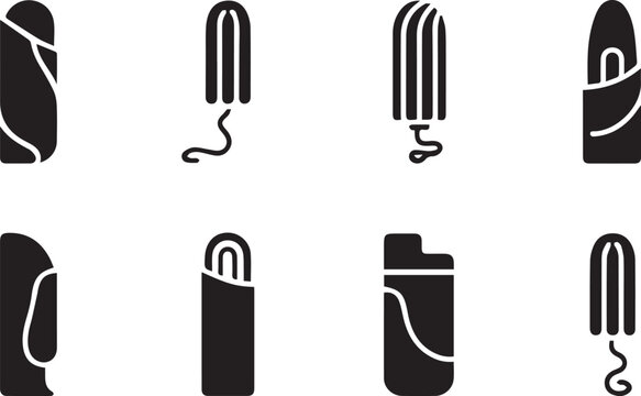 Set of menstrual hygiene products, tampons with and without applicators, feminine hygiene icons, vector illustration