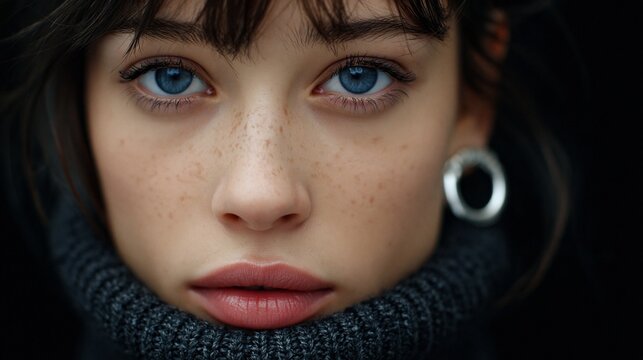 Ein Nahaufnahme-Portr&auml;t einer Frau mit blauen Augen und Sommersprossen, eingeh&uuml;llt in einen grauen Strickschal