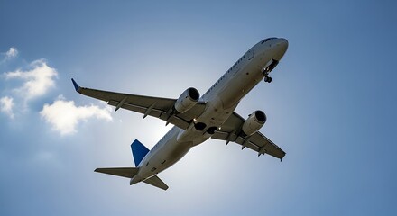 Obraz premium Commercial airliner ascends into a clear blue sky, silhouetted against the sun