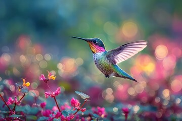 Fototapeta premium Hummingbird hovering near blooming garden flowers