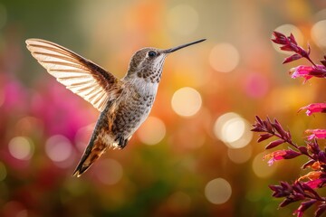 Fototapeta premium Colorful hummingbird feeding in morning garden