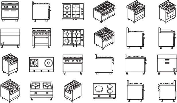 Assortment of meticulously rendered line drawings, showcasing a diverse array of professional culinary kitchen appliances.