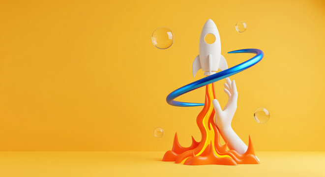 Startup launch background showing a rocket rising from fire with a helping hand, capturing founder ambition, recovery momentum and hopeful renewal for venture growth, comeback stories and fresh goals