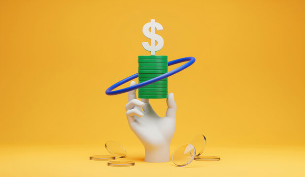 Finance background image built around a hand lifting stacked coins and a dollar sign to express work income, capital growth and investment goals for saving, budgeting and wealth themes