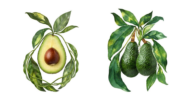 Avocado fruit and leaves on black background