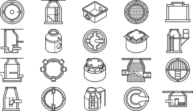 Illustrative diagram of varied septic tanks and drainage systems, essential components of infrastructure, showcasing design diversity and functional details.