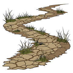 Brown cracked earth with green grass dry land white background © md munna
