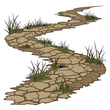 Brown cracked earth with green grass dry land white background