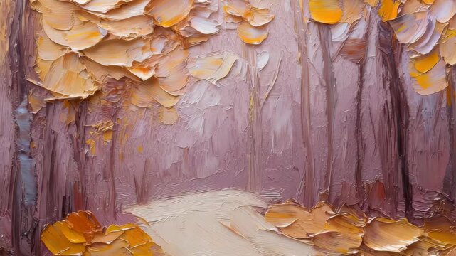 Artist creates a landscape with trees and a path using warm paint colors. Technique shows layering and texture. The setting appears inspired by autumn woods