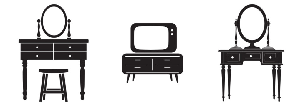 set of vintage dressing tables and tv vector illustration