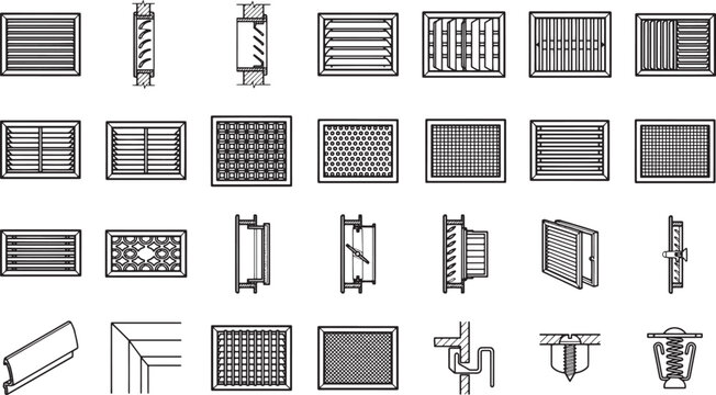 Collection of air vents, essential component of the structure, featuring various shapes and styles. A detailed display of engineering and functionality.