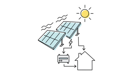 Solar Power Energy Illustration: Illustration depicting the sustainable energy flow from solar panels to a house, with the sun shining brightly. © Shafiq