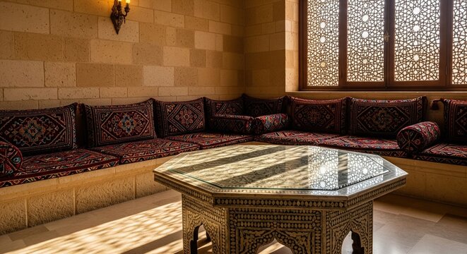 Traditional Arabic majlis interior with red patterned cushions and inlaid table near window