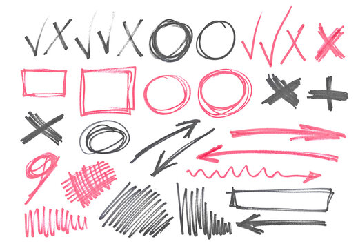 Grunge hand draw scribble lines, circle, squares and arrows, black and red marker isolated on white background, clipping path, design element