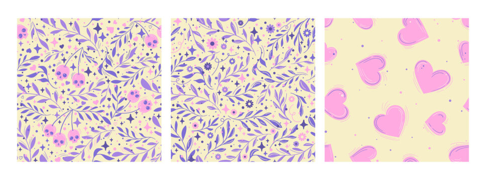 Skull Cherry and Floral Seamless Pattern Set