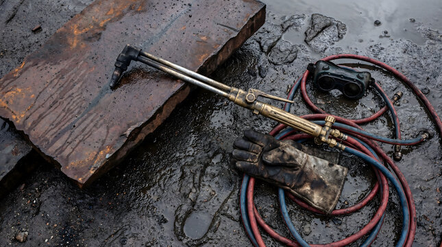 Oxy-acetylene torch with welding gear on dirty ground