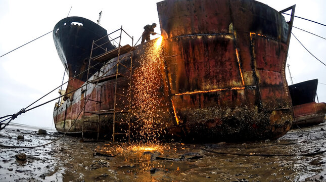Worker cutting rusty ship hull on muddy beach for breaking