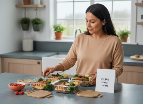 Adult woman organizing glass meal prep containers in a kitchen for GLP-1 meal plan, healthy nutrition tracking and weight management medical content, with copy space