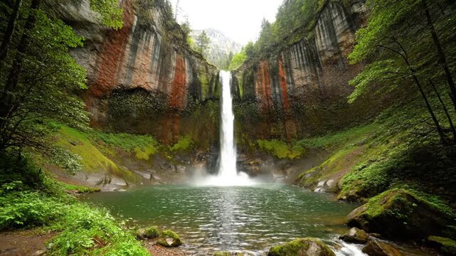 Scenic waterfall cascading into a pristine emerald pool surrounded by lush green foliage and towering rock formations