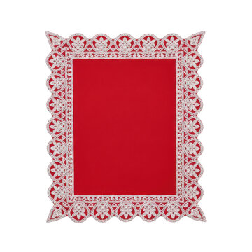 Intricate red lace frame with floral patterns