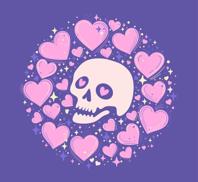 Skull with Heart Eyes in Romantic Wreath
