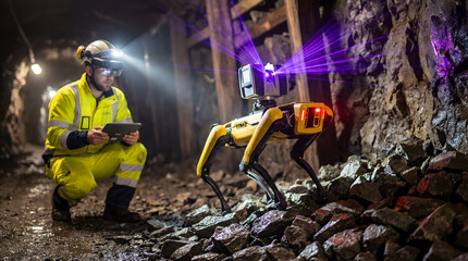 Naklejka premium Boston dynamics spot robot scanning underground mine with worker
