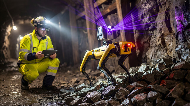 Boston dynamics spot robot scanning underground mine with worker