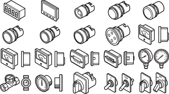 Isometric view of electrical control equipment, showing a variety of gauges and meters in a clean, isolated setup.