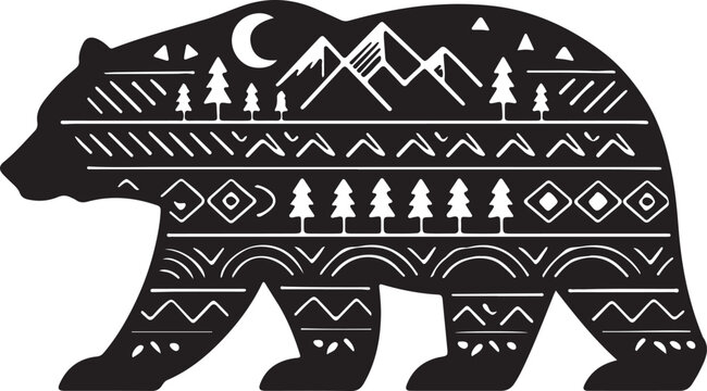 Patterned walking bear silhouette vector with mountain forest cutouts for outdoor logo, sticker and adventure print