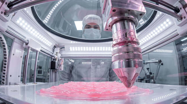 Scientist observing bioprinting creating lab-grown future food