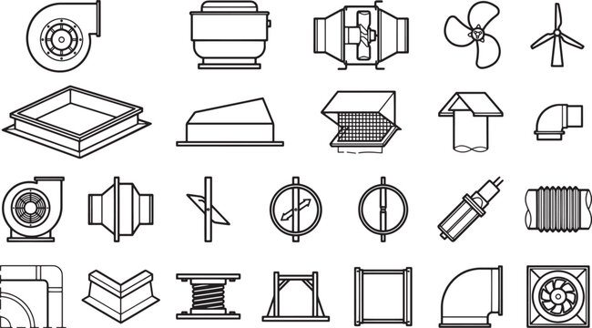 A collection of various ventilation system designs, highlighting the diversity of industrial cooling solutions. 