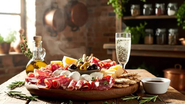 Delicious gourmet charcuterie board with cured meats, cheeses, olives, crackers, and a glass of champagne in a rustic kitchen setting