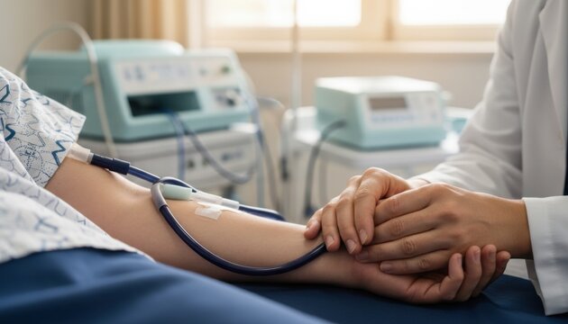 Patient arm with medical tubing connected for hemodialysis treatment while a healthcare provider holds their hand for healthcare brochures, clinical nursing and medical care