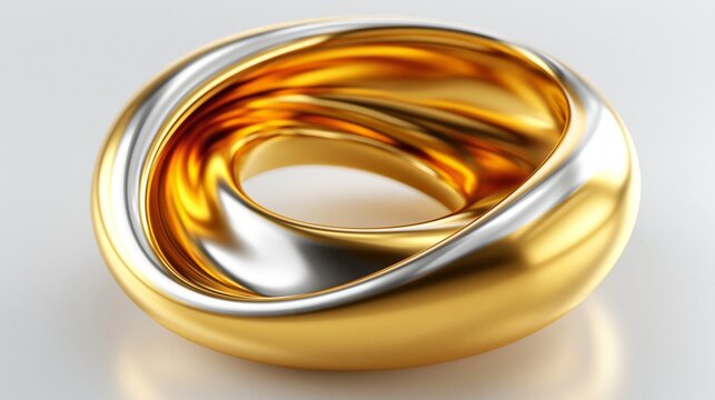 Zwei ineinandergeschlungene gl&auml;nzende Ringe aus Gold und Silber liegen auf wei&szlig;em Hintergrund und symbolisieren Verbindung und Luxus