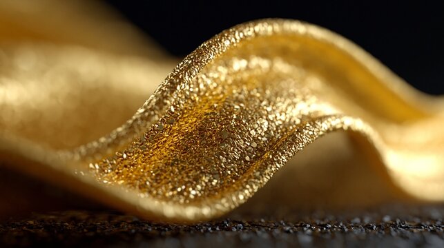 Eine gl&auml;nzende goldene Texturwelle aus feinen Goldpartikeln und Glitter flie&szlig;t elegant &uuml;ber eine dunkle Oberfl&auml;che