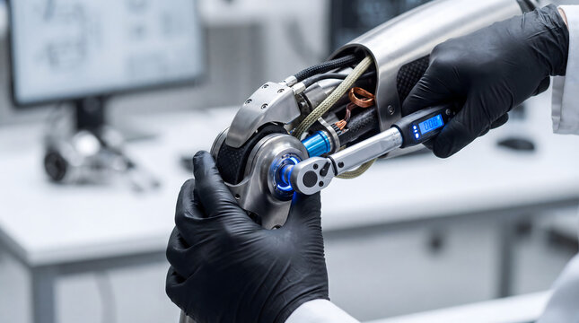 Engineer working on bionic leg prosthesis with torque wrench