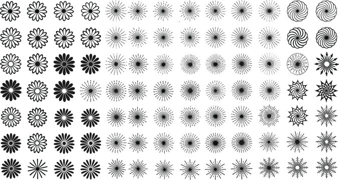Black floral and sunburst shapes collection with decorative abstract flower icons, radial ornaments and geometric elements set isolated on light background vector