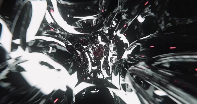 Abstract digital tunnel swirls with metallic shards and glowing pink streaks loop