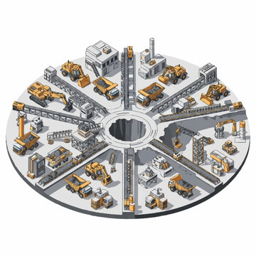 Industrial mining complex with heavy machinery and conveyor belts arranged in a circular pattern around a central pit.