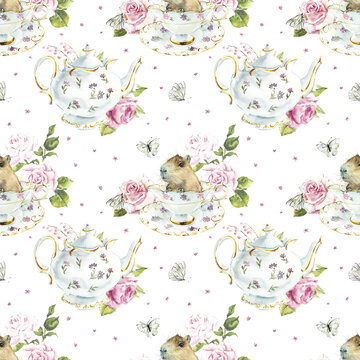 Seamless pattern with capybara and roses. Watercolor hand drawn illustration