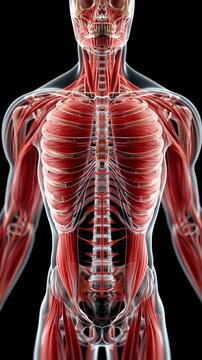 Eine detaillierte medizinische 3D-Illustration zeigt die Muskulatur des menschlichen Oberk&ouml;rpers von vorne auf schwarzem Hintergrund.