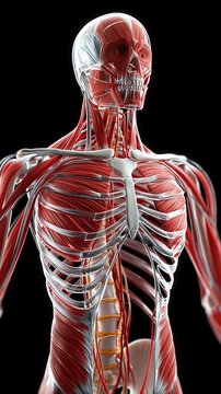 Eine detaillierte medizinische 3D-Illustration zeigt die Muskulatur des menschlichen Oberk&ouml;rpers von vorne auf schwarzem Hintergrund.